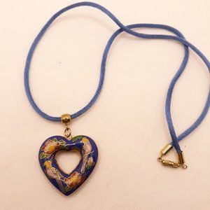 Cloisonne Birds and Flowers Two Sided Heart Necklace